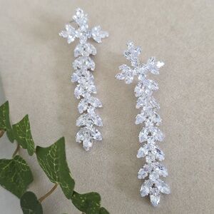 Silver Cubic Zirconia Long Statement Drop Earrings